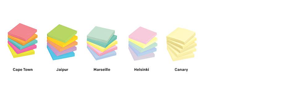 Post-it Notes colors: Cape Town, Jaipur, Marseille, Helsinki, and Canary
