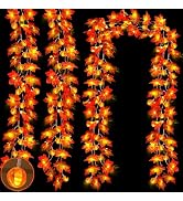 [ Timer &amp; 3 Pack &amp; 3D Pumpkin ] 30Ft Fall Lights Garland Fall Decorations for Home 60 LED Leafed ...