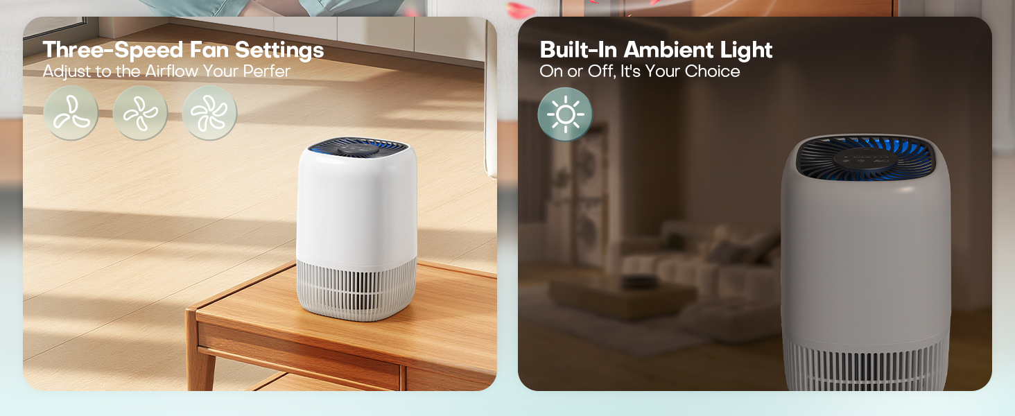 Air Purifiers Home H13 True HEPA Filter 1076 Ft² Pet Hair Odors Pollen Smoke Aroma Quiet 360°Intake