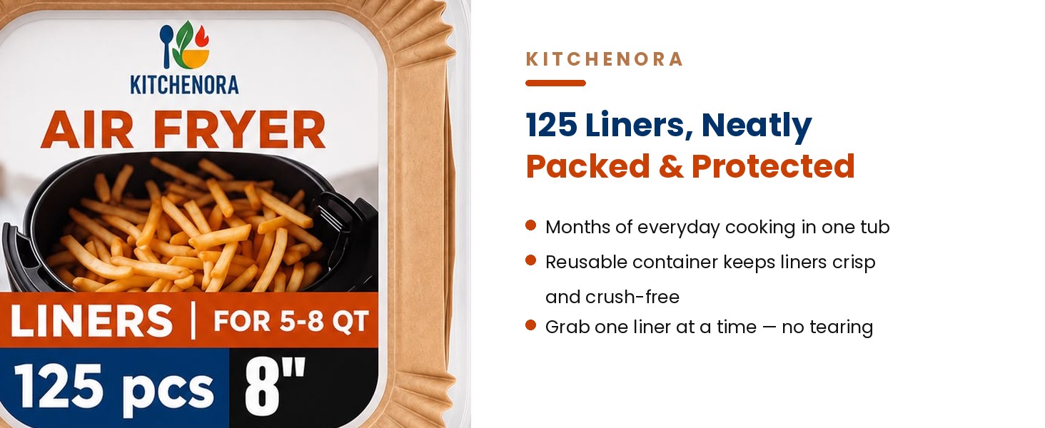 125 air fryer parchment liners stored in reusable tub that keeps liners crush-free