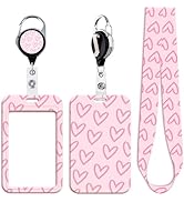 Pink Teachers ID Badge Holder Lanyard for ID Badge Keys Love Heart Retractable Heavy Duty Badge R...