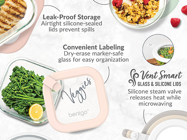 bentgo, bentgo glass food storage, silicone steam valve, leak proof lids, nesting containers 