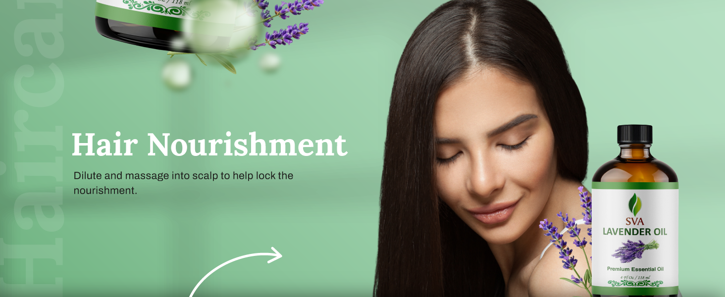 A Smiling lady lookng at the amber glass lavender oil bottle by SVA after using it on hairs