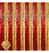 BEISHIDA Red Gold Door Streamers Backdrop Foil Fringe Tinsel Party Streamers Curtains Photo Backd...