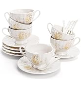WRINGKIT Tea Cups and Saucers Set of 6, 7 Oz Floral Tea Cups, White Porcelain Tea Cup with Saucer...