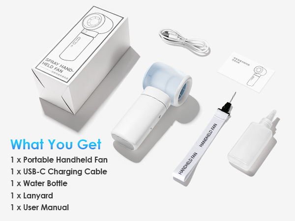 What's in the Box: 1x Portable Misting Fan, 1x USB-C Charging Cable, 1x Water Bottle, 1x Lanyard