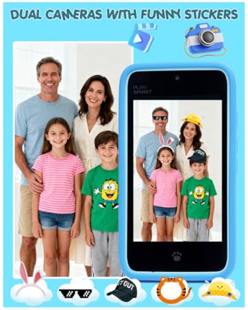 Dual cameras (front + rear) with fun stickers and cute photo frames let kids snap creative