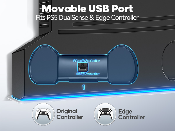 Text reads 'Movable USB Port', 'Original Controller', 'Edge Controller'. Gaming device interface showing blue illuminated USB ports and controller connection options.