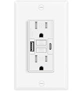 15A GFCI Outlet with Dual USB Ports (Type A+C), Self-Test GFI Electrical Outlet with Tamper-Resis...