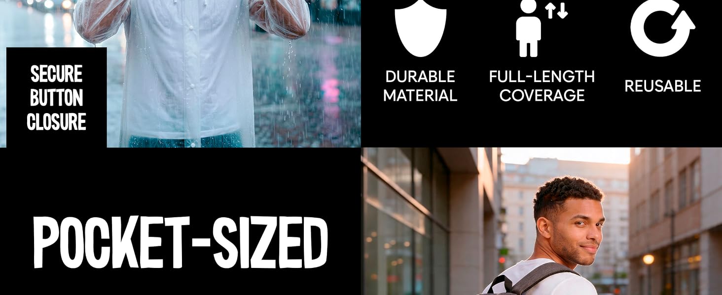 Text reads 'SECURE BUTTON CLOSURE', 'DURABLE MATERIAL', 'FULL-LENGTH COVERAGE', 'REUSABLE', 'POCKET-SIZED'. White rain jacket displayed on person with highlighted features including button closure, durable material, full-length coverage, reusable construction.