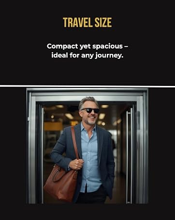 Man traveling with leather watch case in stylish bag, compact yet spacious for any journey.