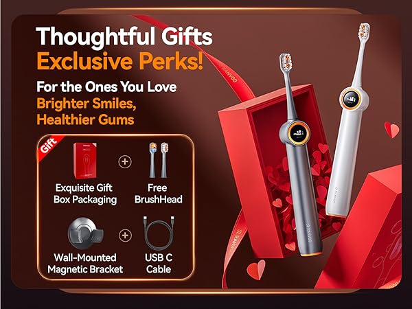 Text reads: 'Thoughtful Gifts Exclusive Perks! For the Ones You Love Brighter Smiles, Healthier Gums'. Product display showing electric toothbrushes with USB-C cable and magnetic wall mount bracket.