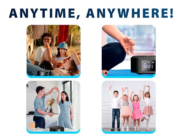 Text: 'ANYTIME, ANYWHERE!' Multiple panels showing various indoor activities and exercises being performed in different settings.