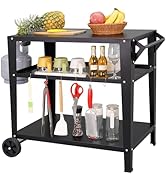 LEETOLLA Black Outdoor Grill Cart with Wheels, Heavy-Duty 3-Tier BBQ Prep Table for Pizza Oven, G...