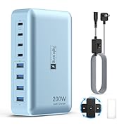 8-Port USB C Fast Charger Block 200W with Flat Plug, Braided Power Cord, and On/Off Switch- USB C...