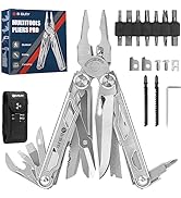 Multitools pliers set with stainless steel pliers, various tool attachments, screwdriver bits, and a carrying case. Includes needle-nose pliers, wire cutters, and fold-out tools.