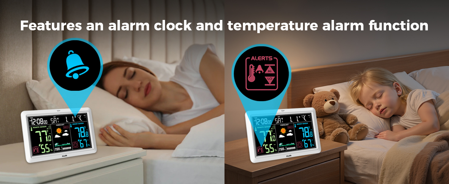 Features an alarm clock and temperature alarm function