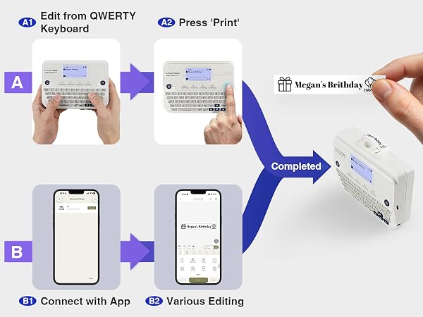Print labels directly via QWERTY keyboard, or via Bluetooth App
