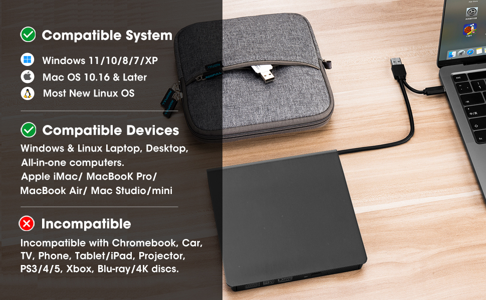 ROOFULL ECD829-Y external dvd drive is compatible with windows and mac laptop pc