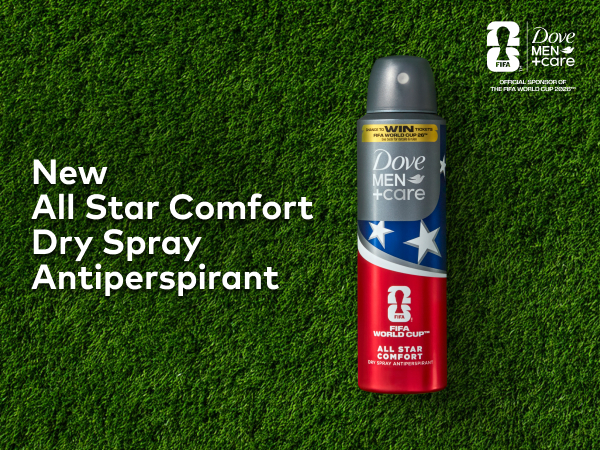 Top view of a soccer field with a Men+Care All Star Comfort Dry Spray Antiperspirant canister.