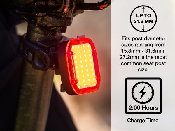niterider vmax+ 180 with rubber strap mount fits seat post up to 31.6 mm with a 2 hours charge time