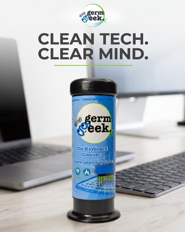 Germ Geek keyboard cleaner displayed on a modern desk with “Clean Tech. Clear Mind.”