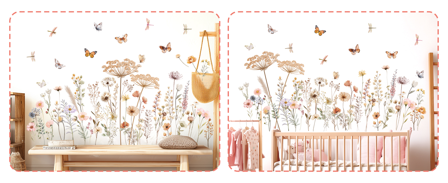 Split image showing decorative wall decals featuring delicate floral and butterfly designs in pink and orange tones against white backgrounds.