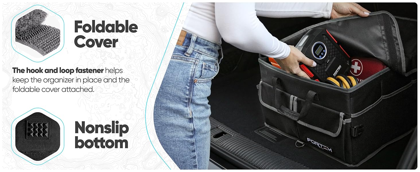 trunk organizer foldable cover with non slip bottom. removable hook and latch