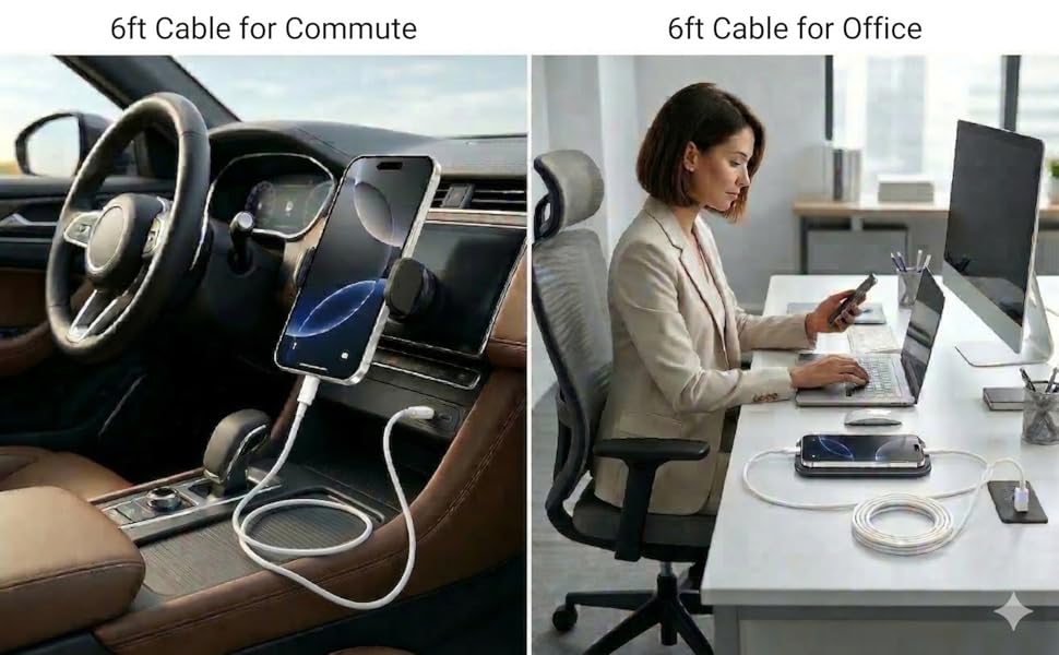 6ft USB C Cable 2 Pack for Car and Office Desk, White Type C Fast Charging Cord for iPhone 15