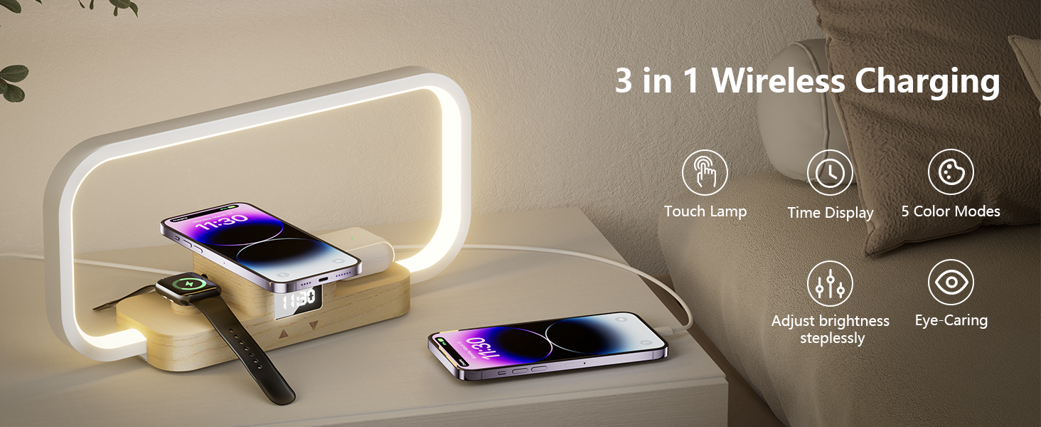 3-in-1 wireless charging station with LED light strip frame, showing multiple device charging capability with icons for touch lamp and time display features.