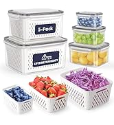 HOTEC 5-Pack Large Fruit Storage Container for Fridge Leak proof with Removable Colander, BPA Fre...
