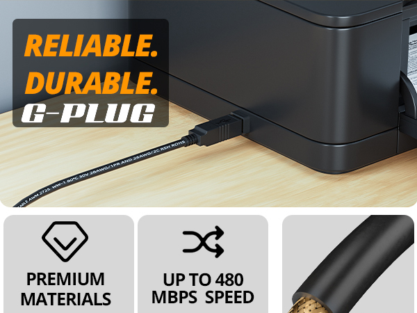 G-Plug USB 2.0 Printer Cable –High-Speed USB A to B Cord, Compatible with Printers, Scanners