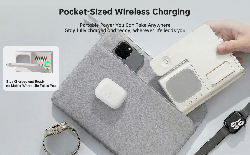 Foldable BezosMax wireless charger next to a laptop sleeve, AirPods, and Apple Watch.