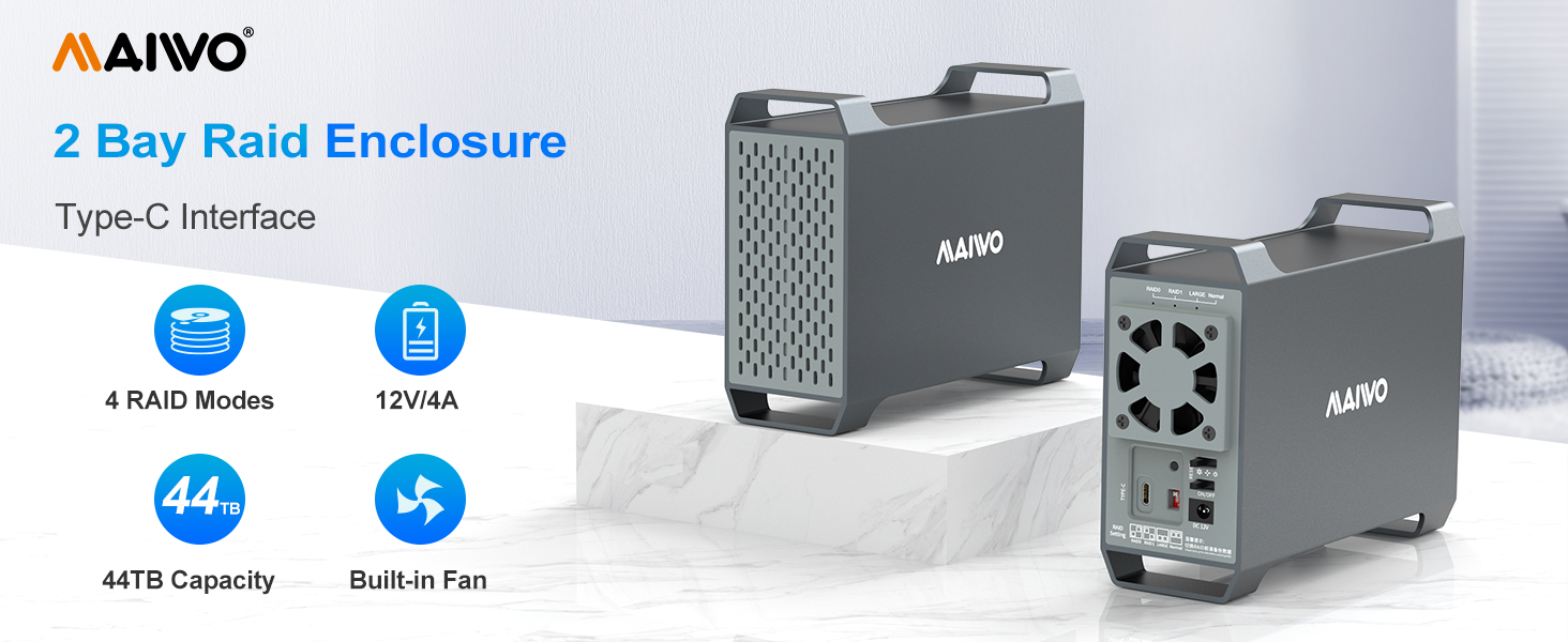 maiwo 2 bay raid enclosure usb c to 3.5 sata hdd enclosure dual bay