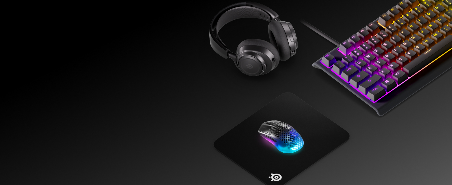 Coordinated black mousepad, mouse, keyboard and headset