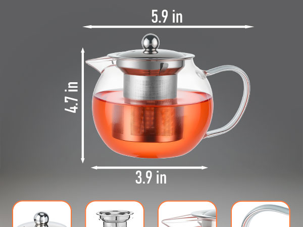 Glass Teapot Stovetop 22 OZ/650ml, Tea pot with Removable 18/8 Stainless Steel Infuser