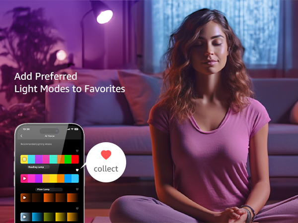Smartphone app interface showing colorful light mode options. Text overlay: 'Add Preferred Light Modes to Favorites'. Room with purple ambient lighting in background.