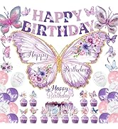 Roetyce Butterfly Birthday Decorations, Purple Happy Birthday Banner Backdrop Balloons Hanging Sw...
