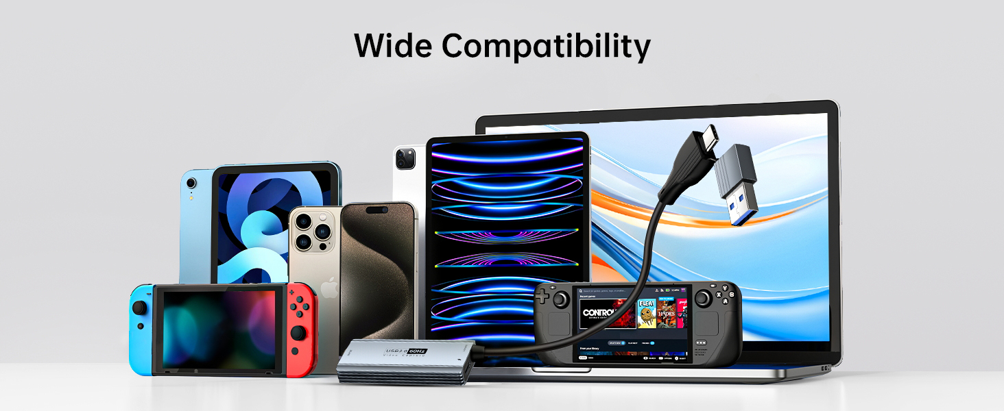 Various electronic devices including smartphones, tablets, gaming consoles, and laptops showcasing wide compatibility. Devices display colorful screens and diverse form factors.