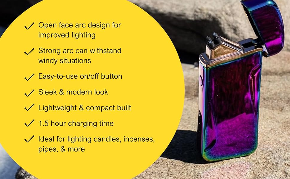 Our modern USB arc lighter features an open face arc, easy-on switch, and sleek design