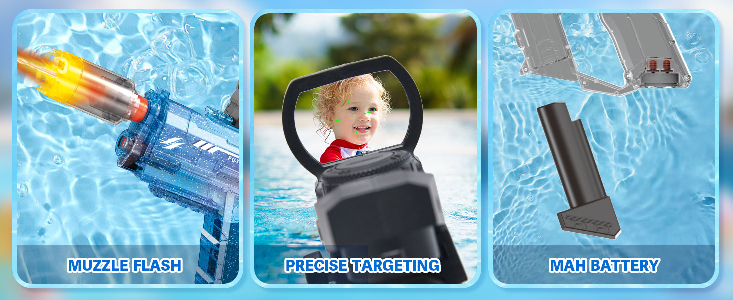 Nicojoy motorized water blaster with scope and LED lights for professional outdoor water battle.