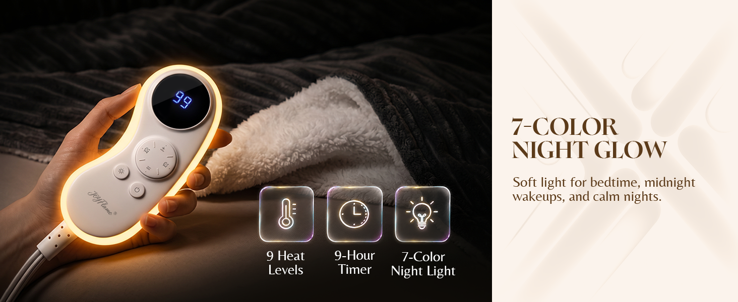 Heated blanket 9 heat levels, 9H auto-off timer, 7-color night light controller for bedroom
