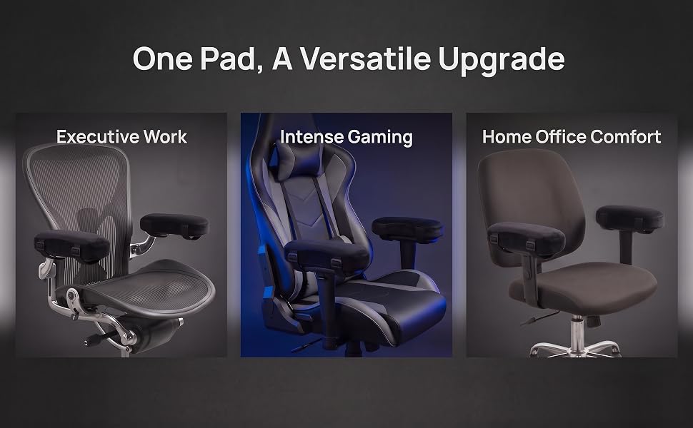 Three chairs featuring the padded armrest cushions: executive, gaming, and home office chair.