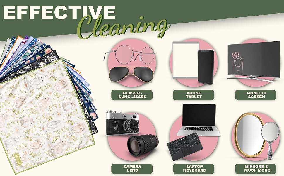 Effective cleaning guide infographic showing icons for various electronics including camera, phone, laptop, and screen cleaning instructions on green background.