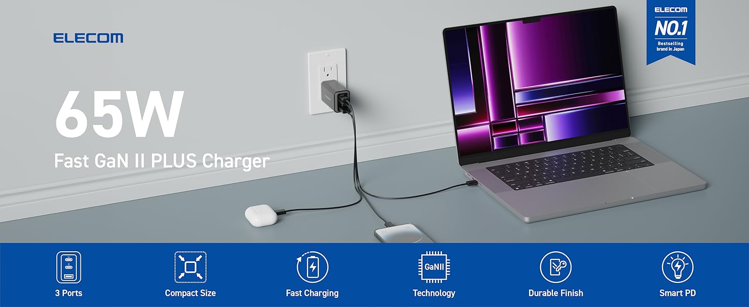 Elecom Wall Charger 65 watt 3 Port