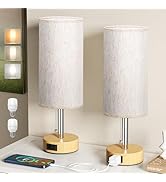 Fenmzee Wood Grain Bedside Table Lamps Set of 2-3 Color Temperatures Pull Chain Lamp with AC Outl...
