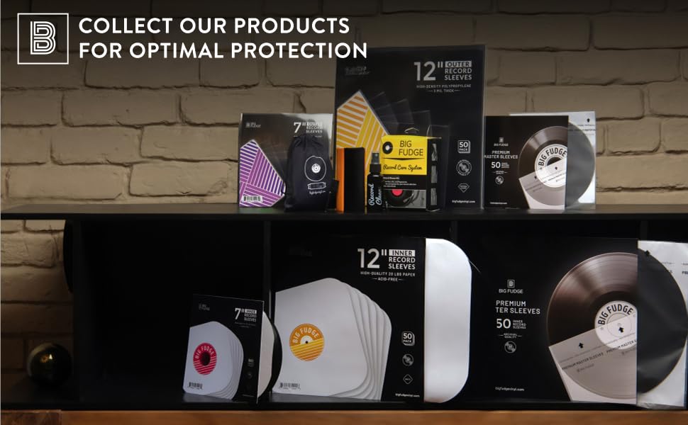 Text reads 'COLLECT OUR PRODUCTS FOR OPTIMAL PROTECTION'. Display of black retail packaging products arranged against a brick wall background.