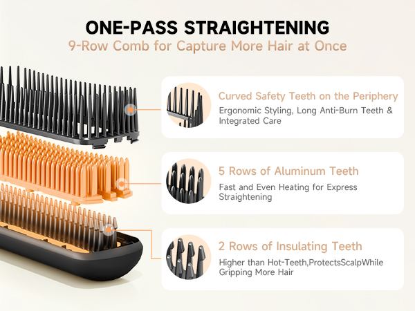 hair straighter with aluminum teeth for fast, even heat and safety teeth to protect scalp from burns