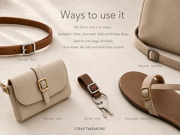Center bar buckles used on slim belts mini bags shoe straps and key fobs