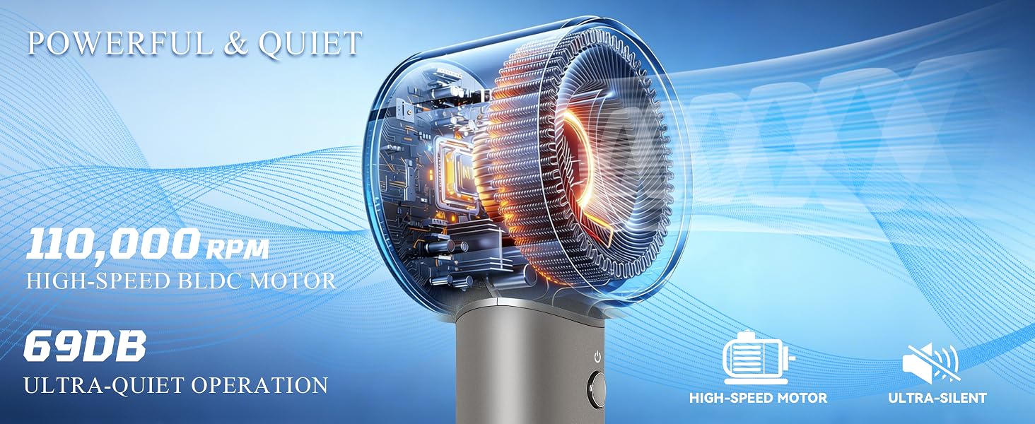 Powerful quiet hair dryer 110000 RPM high-speed BLDC motor 69dB ultra-silent operation
